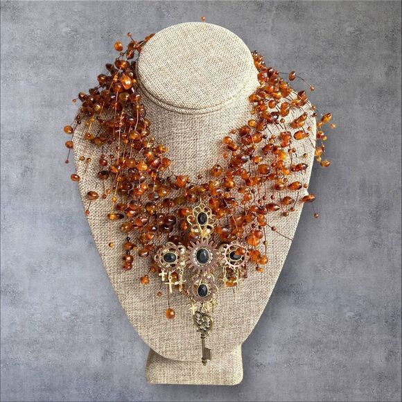 Steampunk-Inspired Funky Beaded and Cross Necklace -adjustable length - Picture 1 of 7